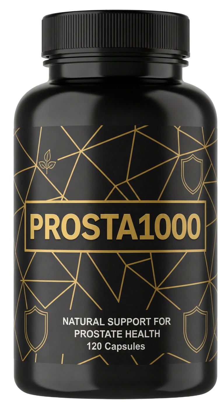 Matte black Prosta1000 bottle with gold geometric lines and 120 capsules